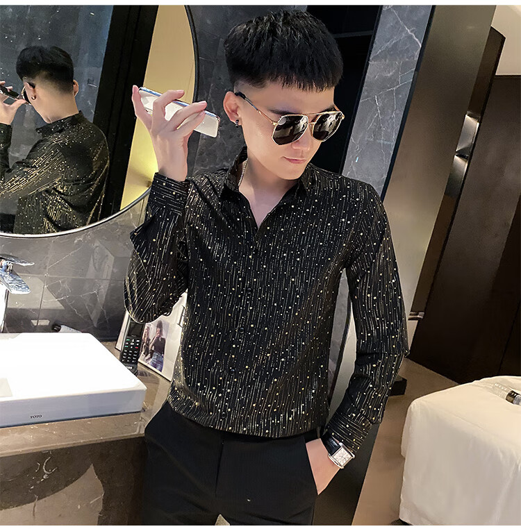 社会精神小伙秋季衬衫男韩版潮牌修身满天星印花发型师衬衣青少年时尚