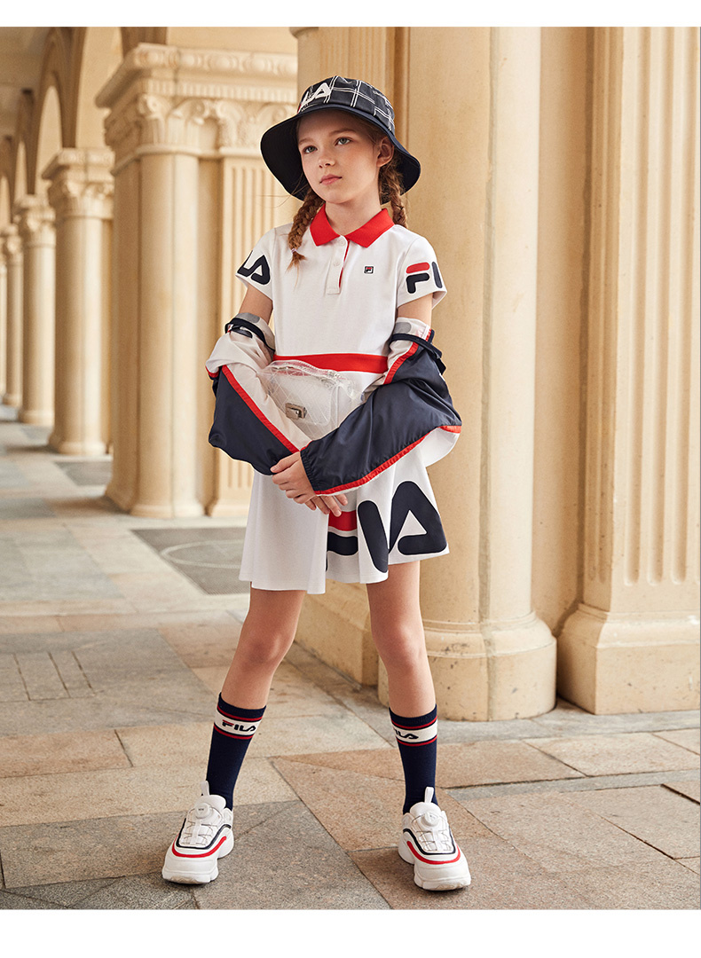 filakids斐乐童装儿童连衣裙2022夏新款女大童洋气纯棉短袖裙子标准白