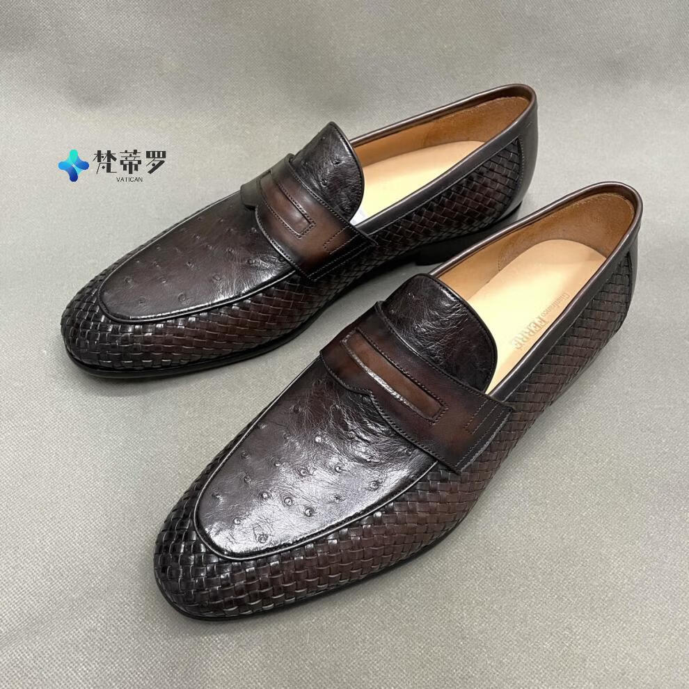 潮牌巴宝莉bv男鞋欧洲站鸵鸟皮加编织牛皮高端皮鞋套脚男鞋商务皮鞋擦