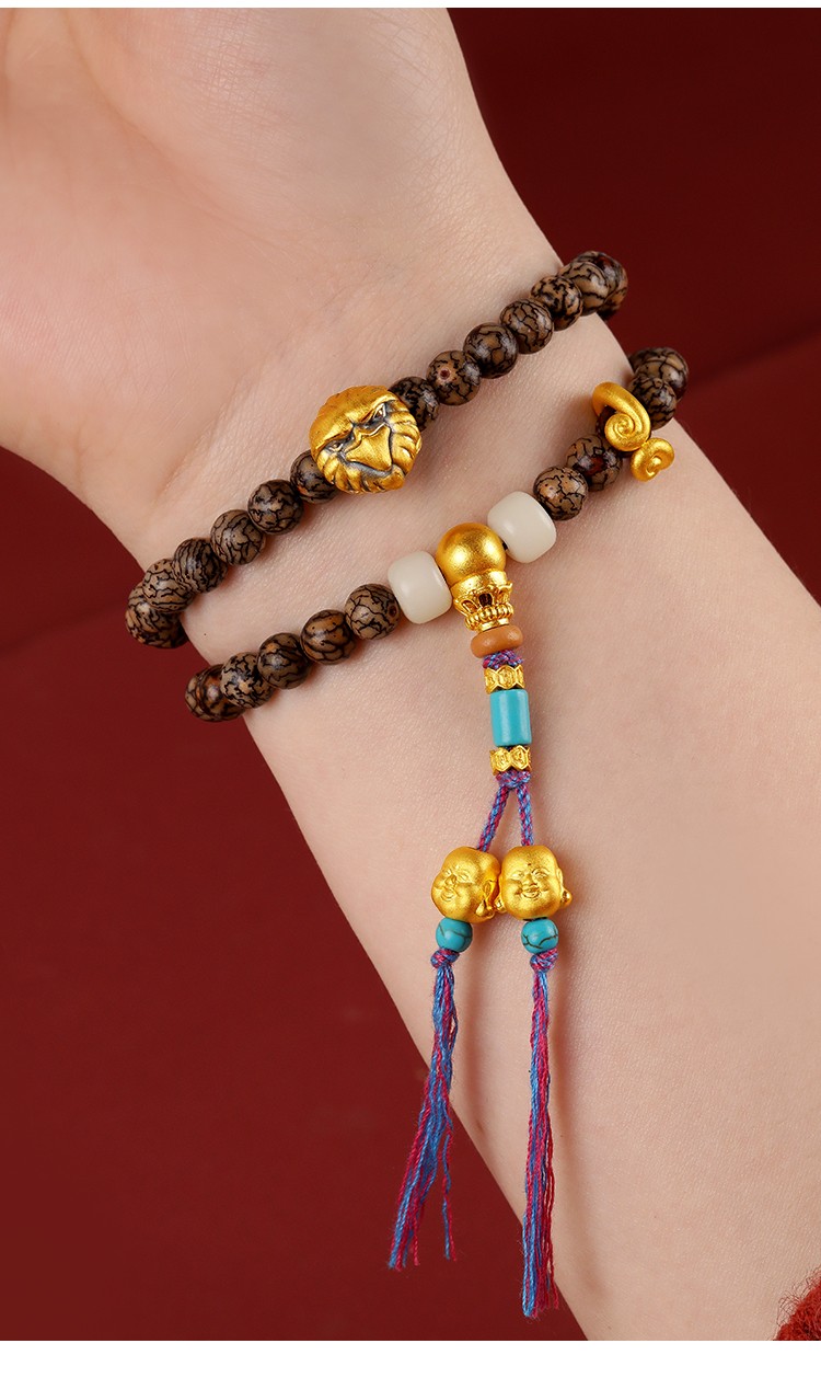 老凤凰同款黄金足金999古法实心三通佛塔男女款哑光散珠金佛珠手串