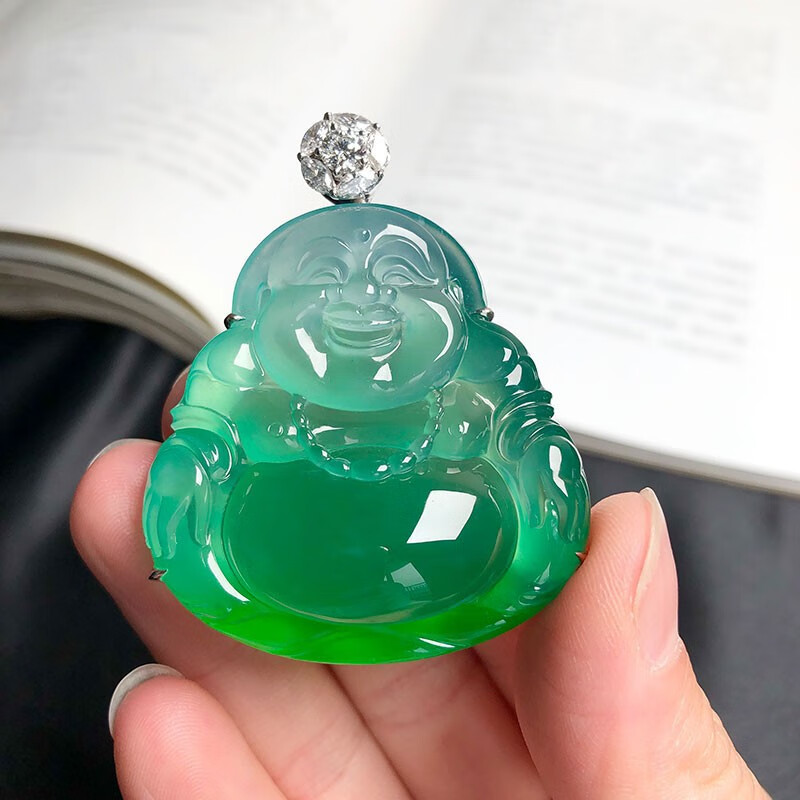 顶盈缅甸a货翡翠吊坠冰种满阳绿色佛公高冰飘花玉佛弥勒佛挂件女玉坠