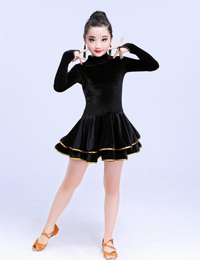 新款儿童拉丁舞服装演出服秋冬长短袖练功服考级女孩女童拉丁舞裙长