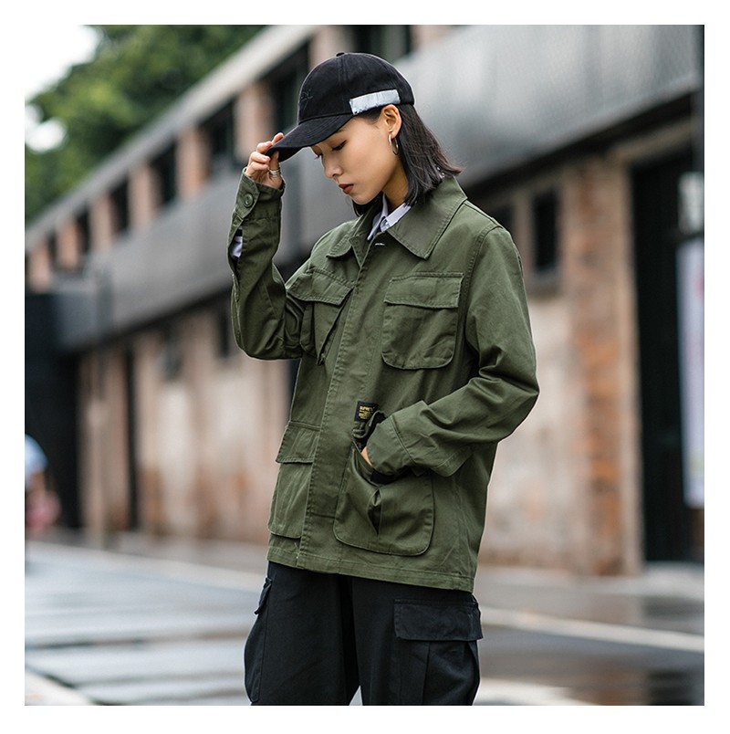 潮牌男装2019秋新款港风余文乐工装外套男式翻领夹克帆布料休闲服