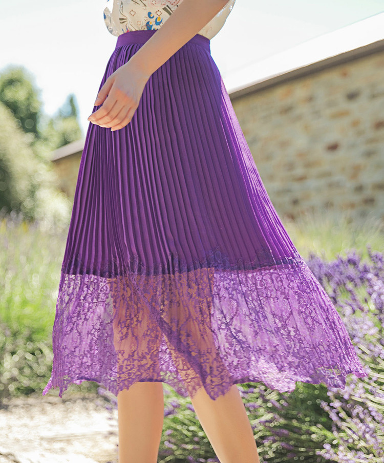 新款紫色高腰显瘦复古时尚百搭百褶蕾丝a字半身裙女1892111596紫色xl