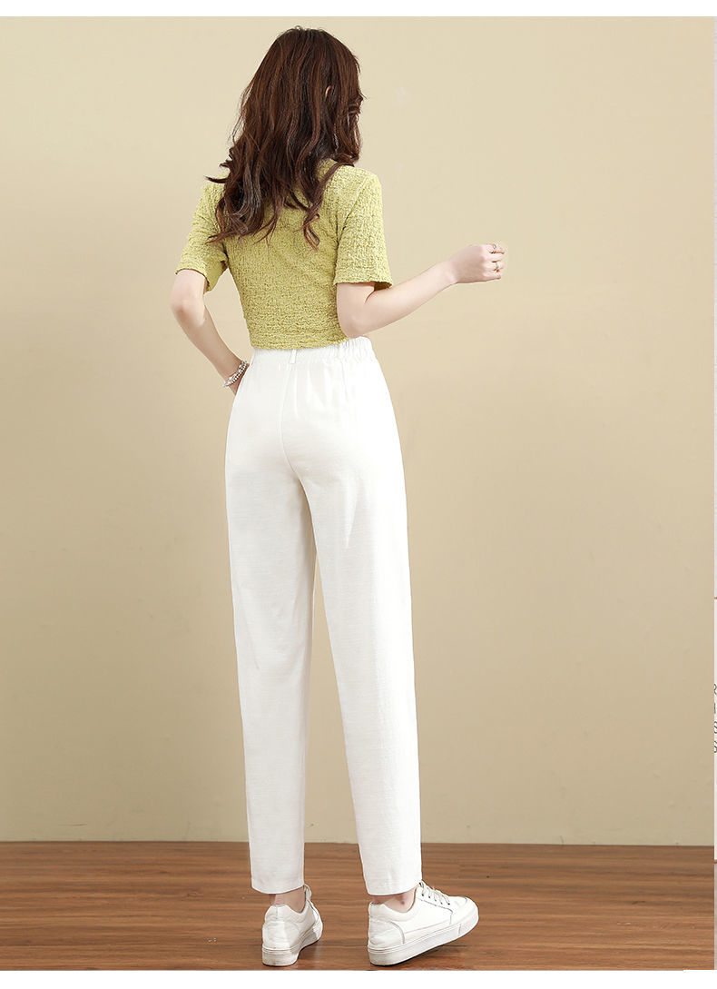 雅鹿新款米白色裤子女夏季薄款宽松大板小个子九分休闲哈伦裤棉麻裤子