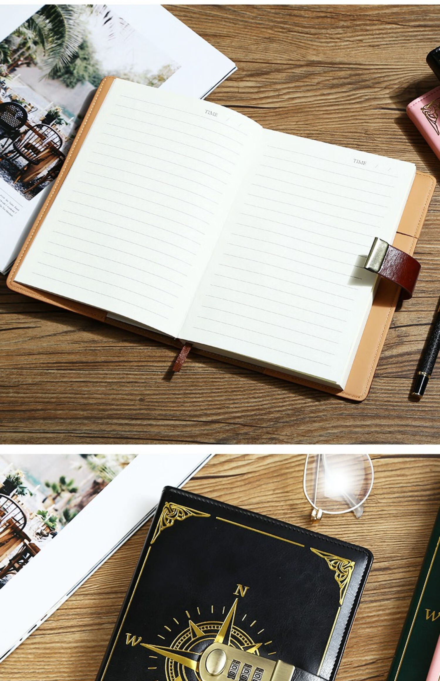 花绘鹿 高颜值密码本带锁日记本男生成人多功能指纹笔记本子复古手