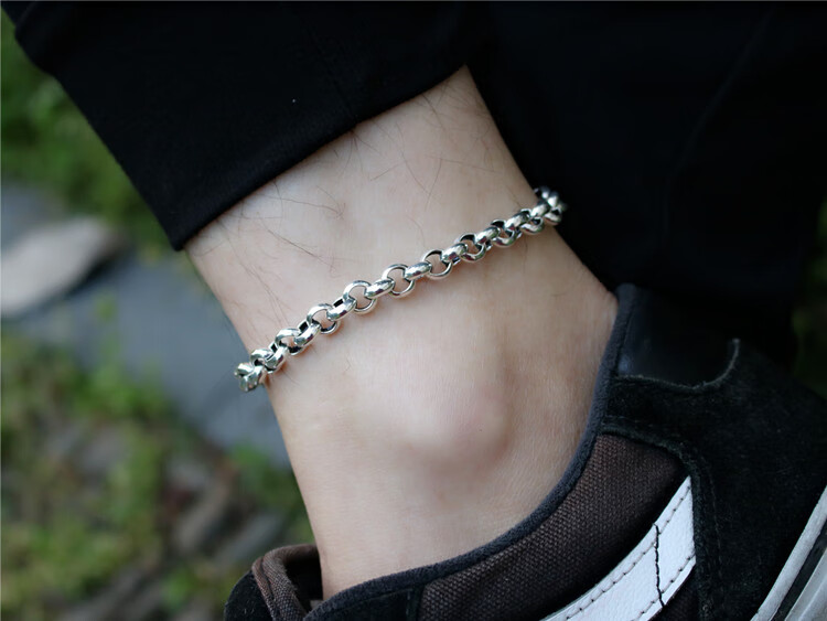 男士足银脚链不掉色圆圈足链粗休闲简约复古个性情侣925泰银冷淡脚围