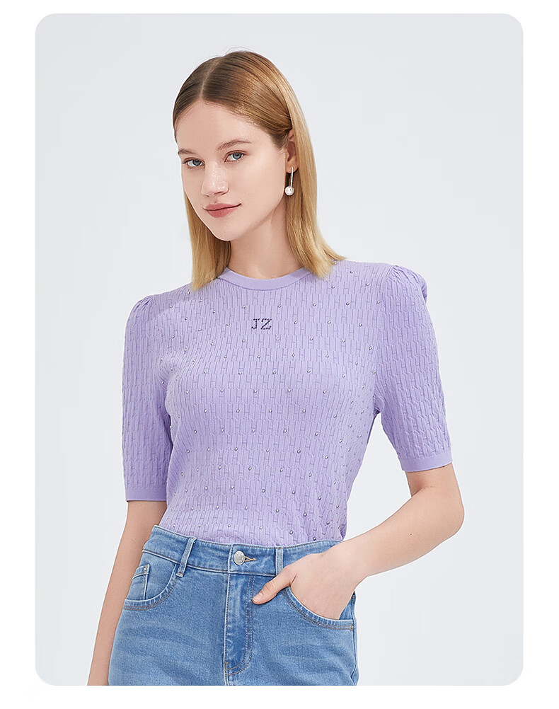 jz玖姿优雅气质圆领短袖小衫女2022夏季新款时尚烫钻钉珠针织衫米白m
