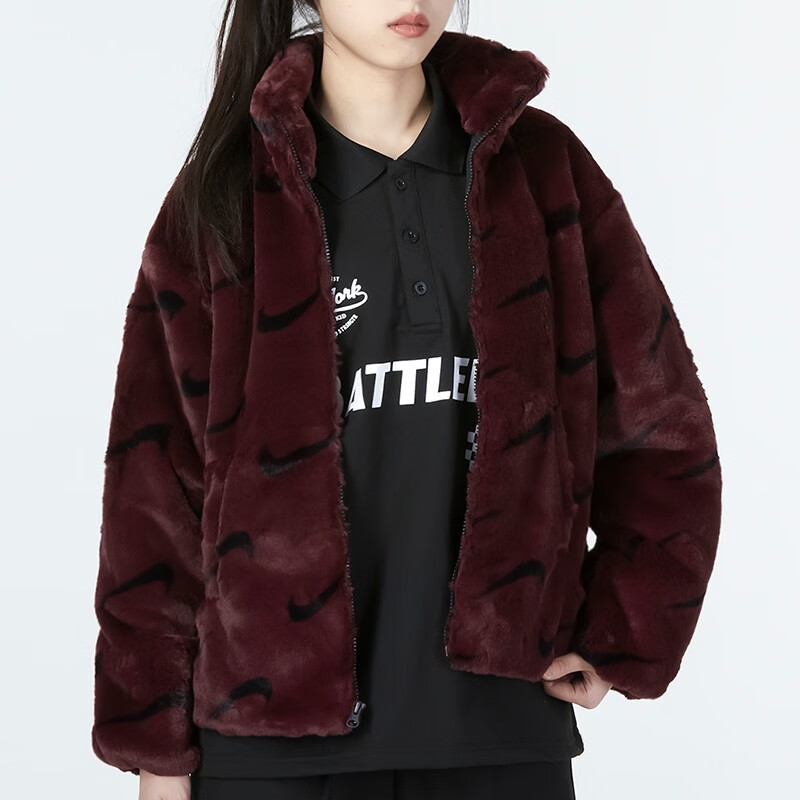 耐克(nike) 女子新款外套保暖加厚运动服人造皮草毛绒上衣夹克 dq6843