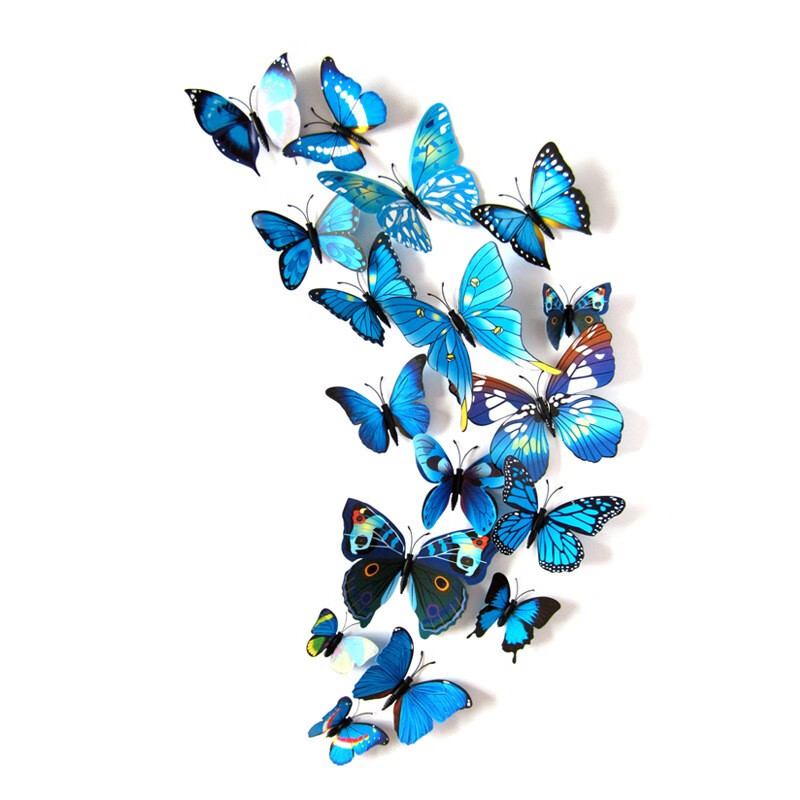 墙壁背景墙冰箱贴贴画房间装饰品 蓝色蝴蝶贴12只(带双面胶 吸铁石)