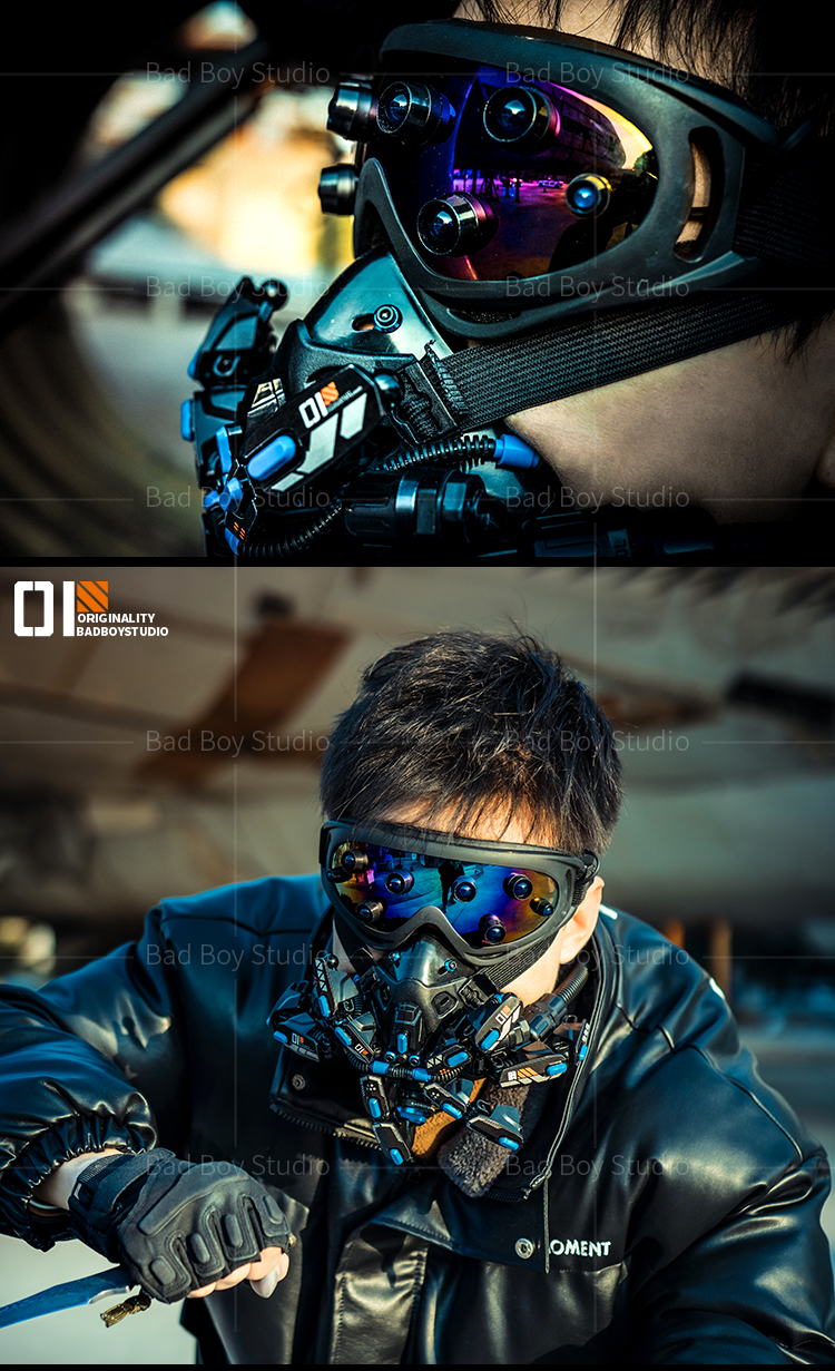 赛博朋克机械面具 赛博朋克面罩发光护目镜防毒面具cos科幻机械能bad