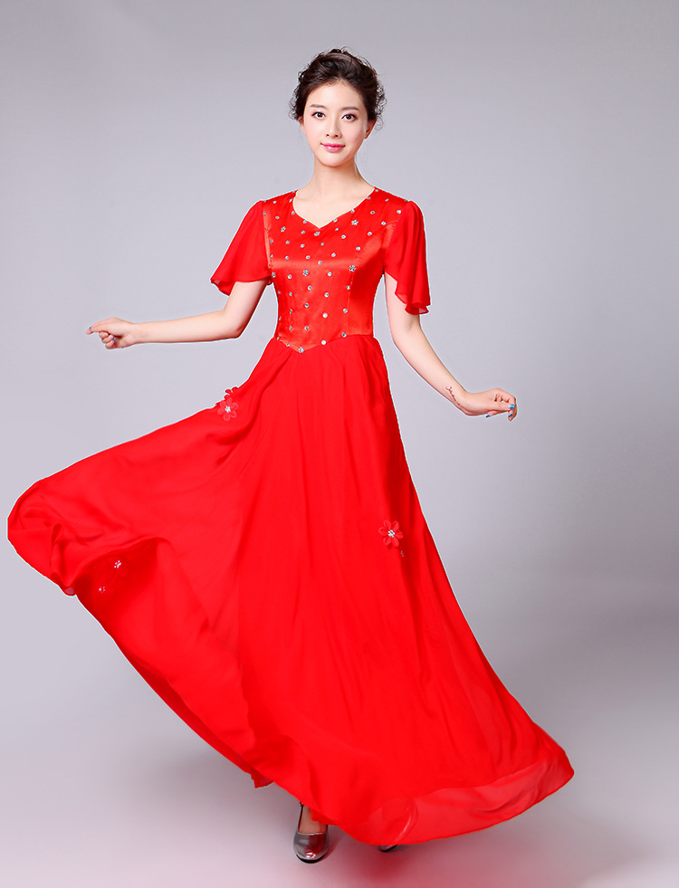 普戈斯新款大合唱演出服雪纺合唱服晚礼服中老年大合唱服装长裙大摆裙