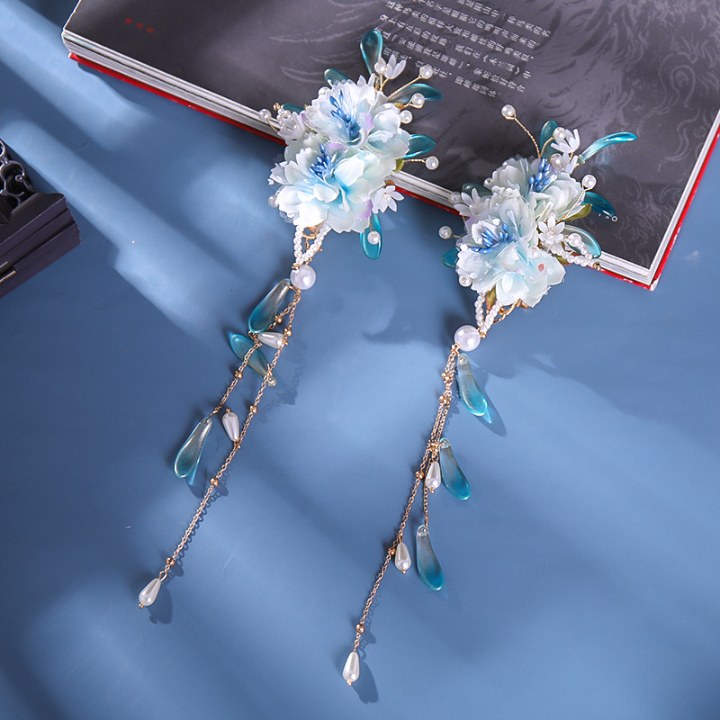 古风发饰绢花2022新款仙气蓝色头饰森系手工汉服套装春季青配饰 绢花