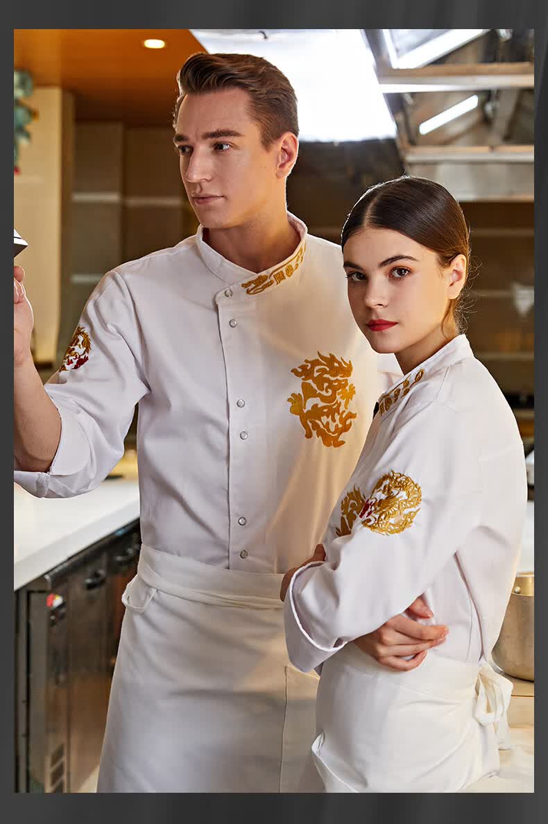 琴琴家中国风高端餐饮酒店厨师工作服长袖秋冬装龙腾个性时尚龙袍刺绣
