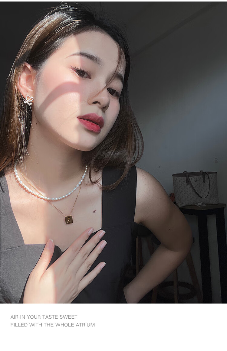 lisa同款叠戴金色方块字母吊坠项链女小米珠珍珠锁骨链 方块吊坠 6mm
