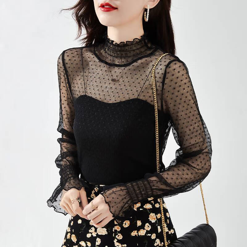波点网纱秋冬长袖洋气半高领黑色纱衣内搭上衣春秋款搭配秋季女士女生