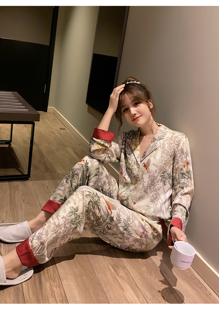 棉绸睡衣女春秋冬两件套长袖新款网红ins宽松家居服韩版套装 长袖花卉