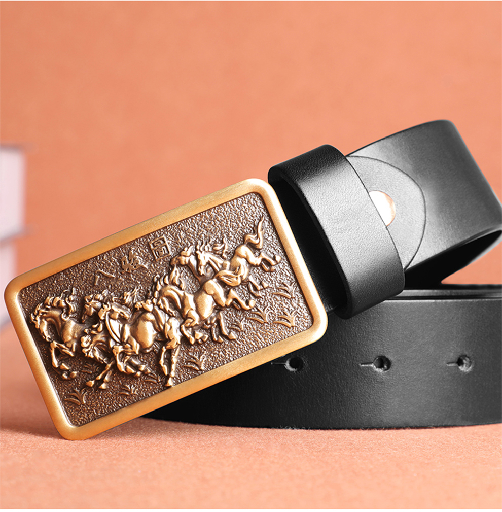 皮带男扣洞真皮铜头扣式纯铜八俊图男士腰带真皮扣头扣眼牛皮打孔 na
