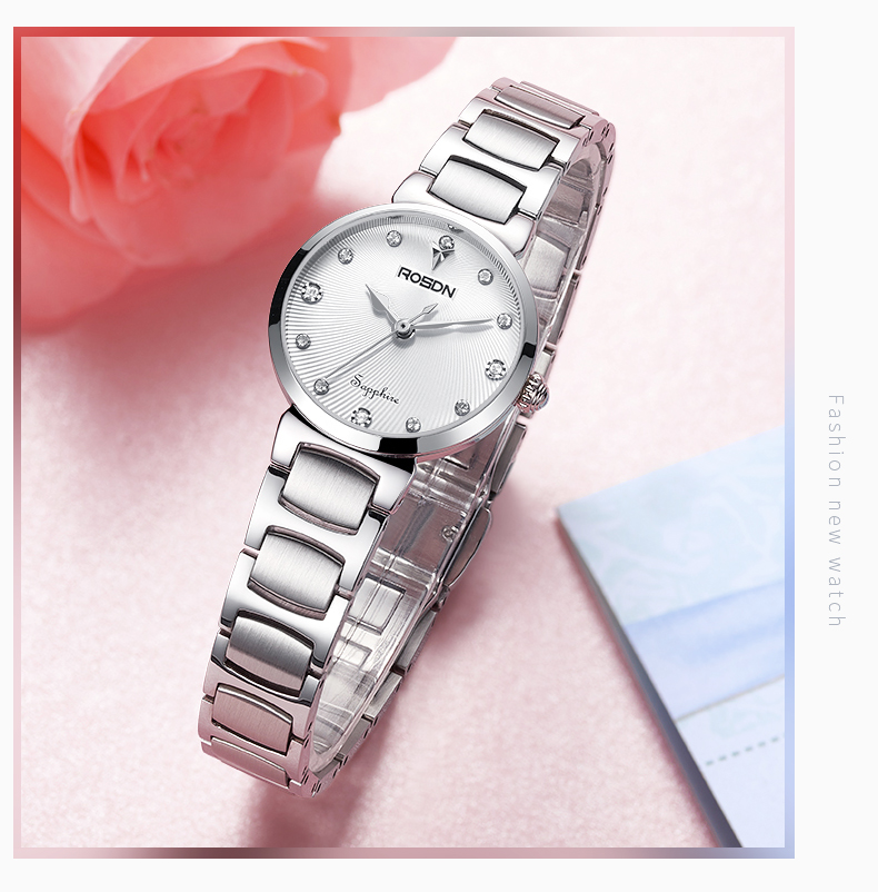 劳士顿(rosdn)手表 女士时尚镶钻精钢防水女表 2019春夏新款 枚金刚带