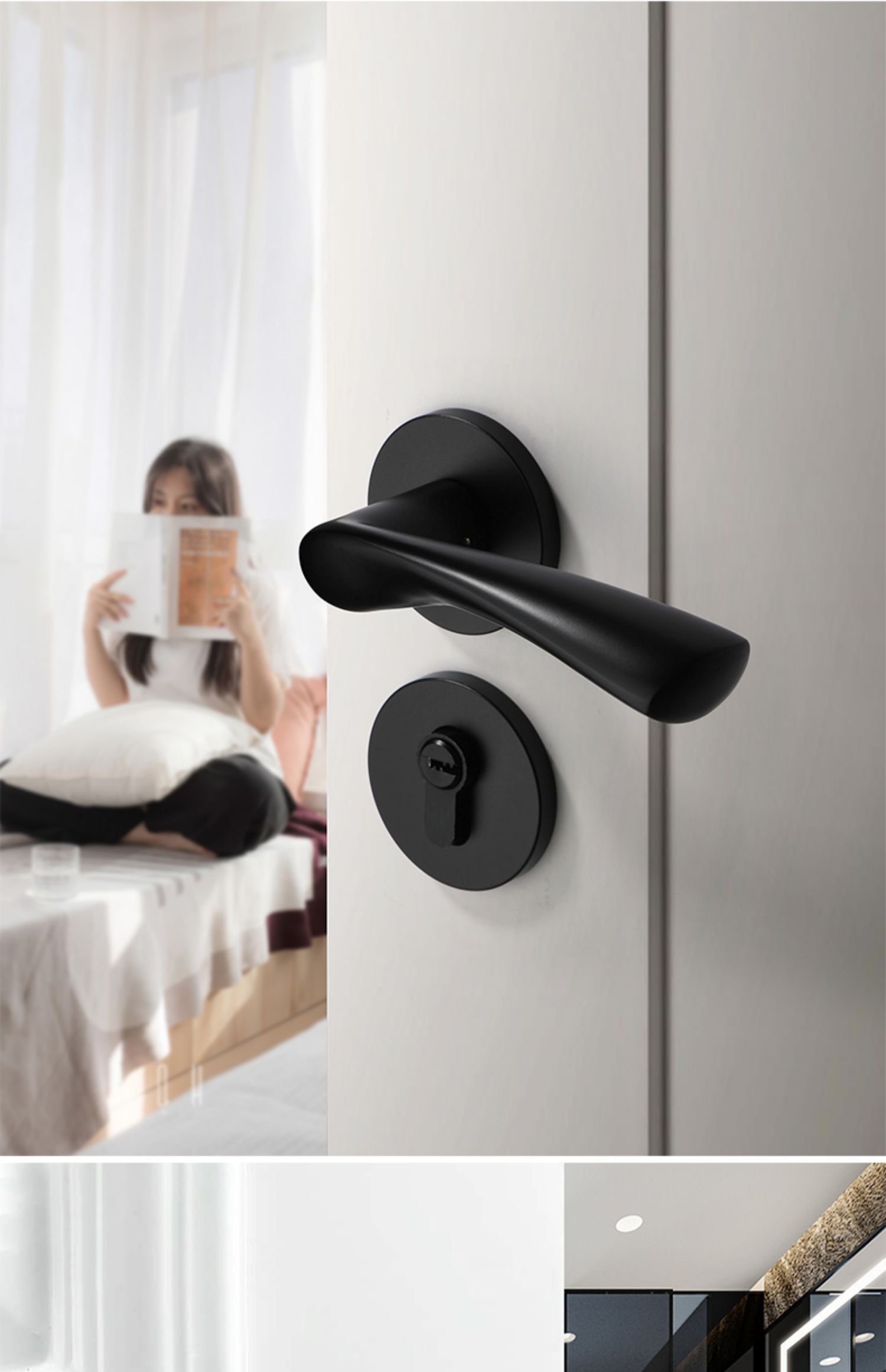 【京选好货】黑色室内卧室房门锁家用房间实木门把手锁具通用型分体