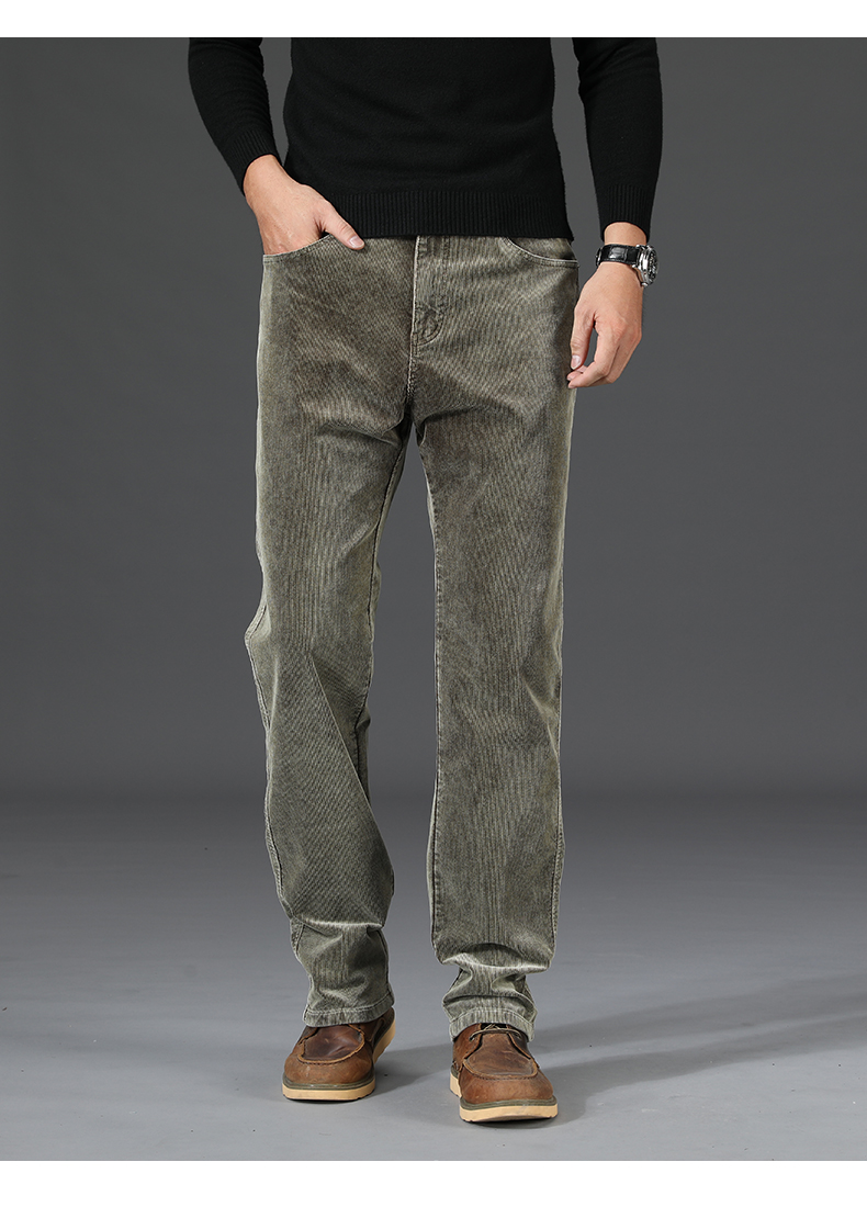 gmgn品牌灯芯绒男裤秋冬厚款粗纹休闲裤男直筒宽松带暗扣爸爸装高腰墨