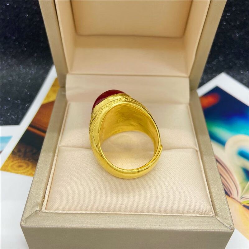 老凤凰 足金999红宝石玉男士戒指 黄金镶嵌红刚玉实心活口金戒指 13.