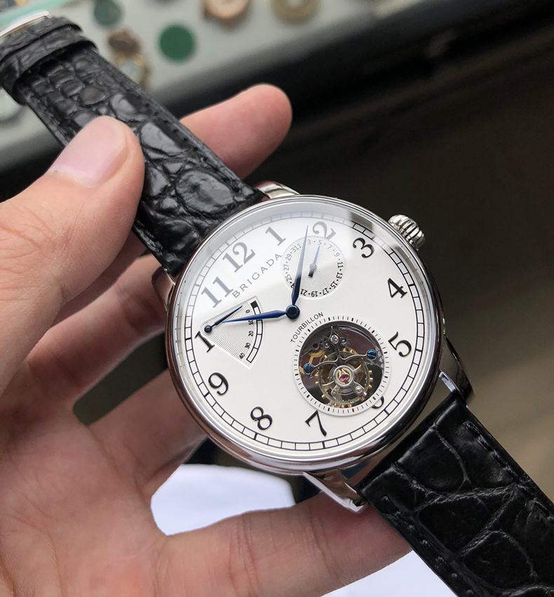 宝茄达brigada海鸥陀飞轮机芯手表男机械多功能男表罗马字鳄鱼皮带