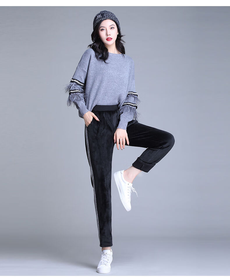 芊艺秋冬季加绒加厚运动裤女小脚休闲裤子韩版显瘦哈伦卫裤 w259&双面