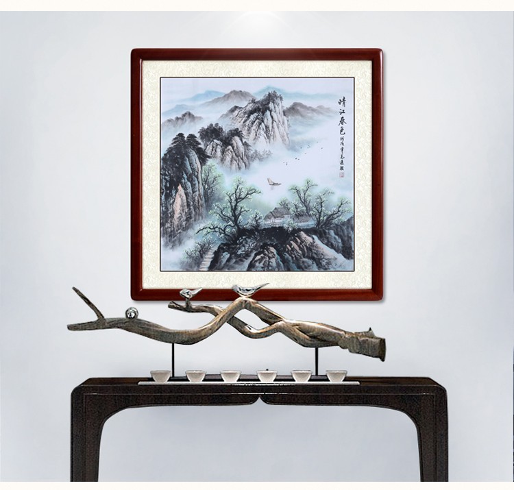尚得堂名家手绘国画装饰画山水画客厅风景画正方形中式挂画卧室壁画