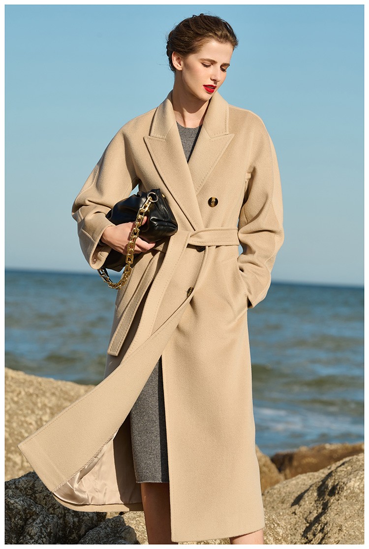 轻奢高档品牌米色赫本风高端双面羊绒大衣女中长款修身毛呢外套2021年