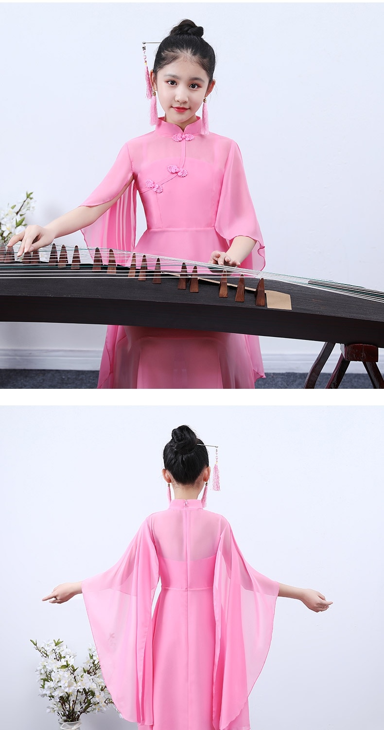 古筝演出服合唱服礼服长裙女童钢琴二胡演奏舞蹈中大童服装x天蓝色120