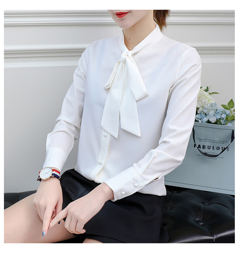 中青年女士商务休闲穿的允硕 白色雪纺衬衫女长袖2019春季新款韩版