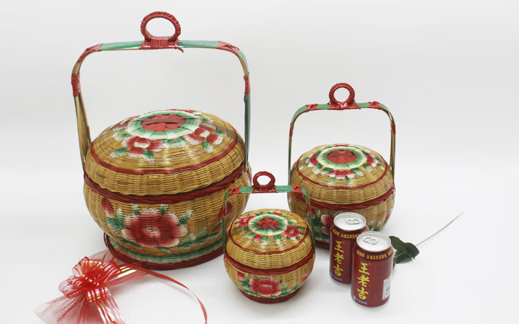 潮汕纯手工彩绘竹篮婚嫁花篮竹编篮子收纳蓝储物篮传统竹艺摆件 小号