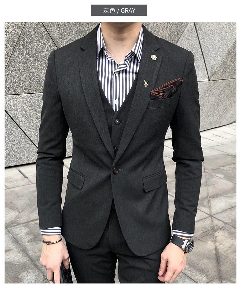 花花公子西服套装男新郎结婚礼服男士三件套修身青年英伦风小西装