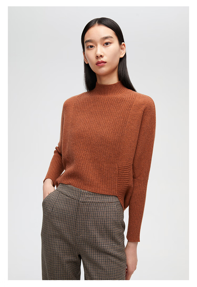 zb珍贝半高领蝙蝠袖纯羊绒衫女短款2021秋冬新品时尚针织上衣023摩卡