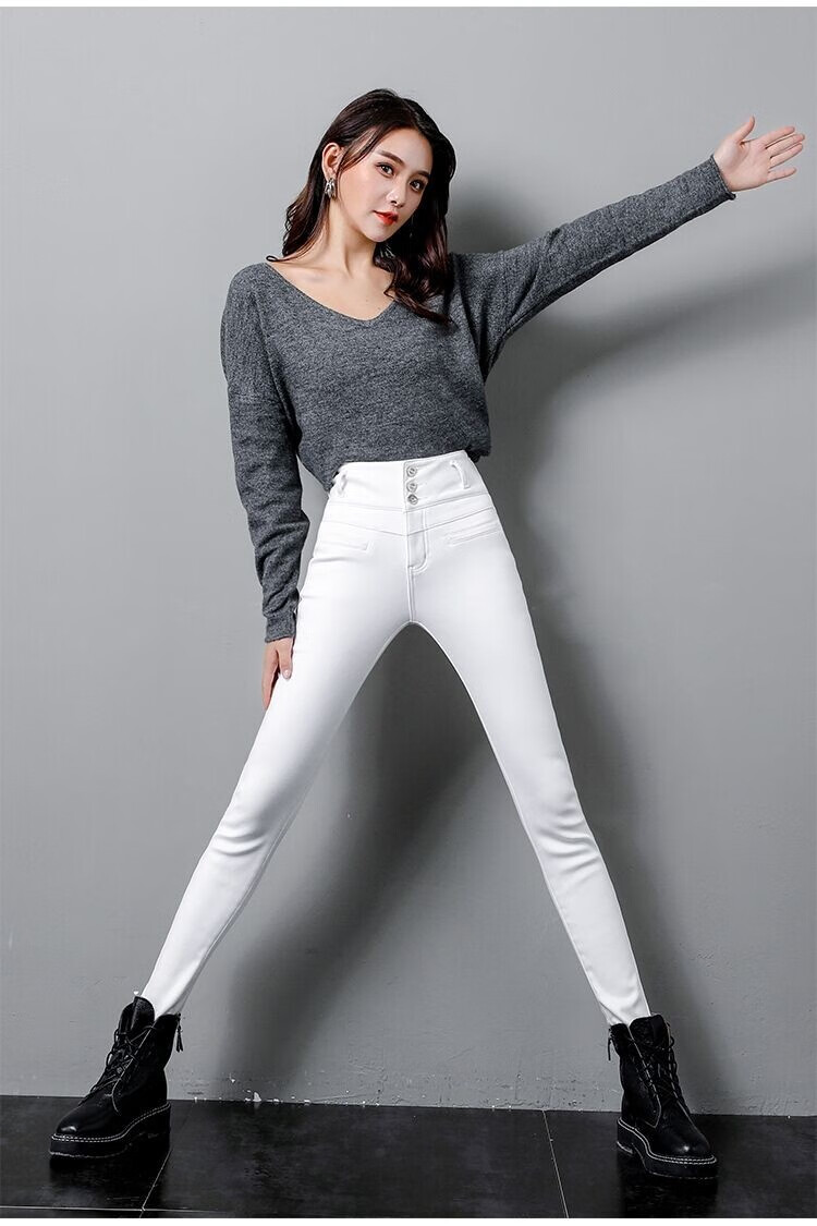 紧身白色加绒高腰显高显瘦韩版小脚外穿保暖加厚百搭牛仔裤白色单裤28