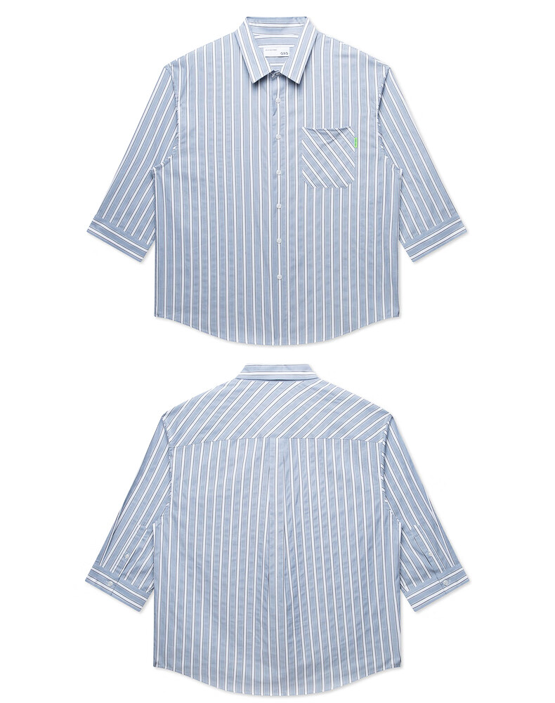 gxg男装翻领条纹七分袖蓝白色衬衫时尚亮眼2022年夏季新品蓝白条180xl