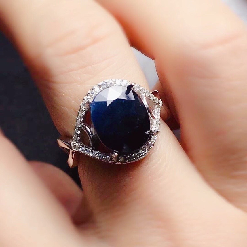 展缘 大克拉山东天然黑蓝宝石戒指高雅宝石女戒s925银时尚日韩精致款