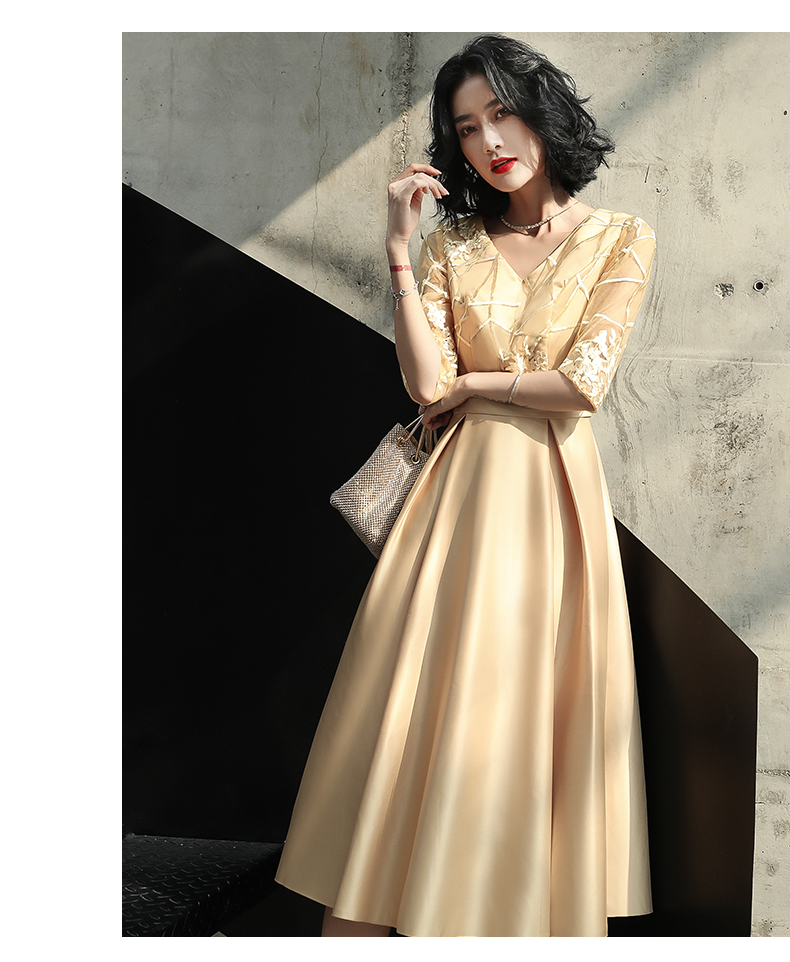 高端酒会派对金色晚礼服女2019新款高贵宴会气质名媛主持人年会小礼服