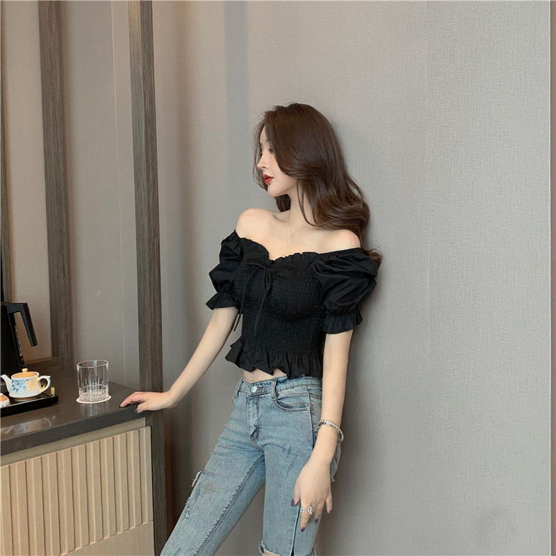 甜美网红直播衣服性感上镜女主播服装一字肩短款衬衫短袖上衣衬衣