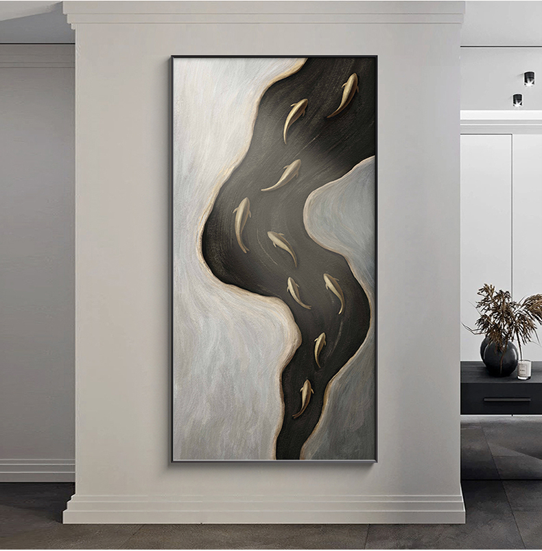 耘珺珥轻奢高档高端玄关装饰画九鱼图画竖版高级感入户门口挂画走廊