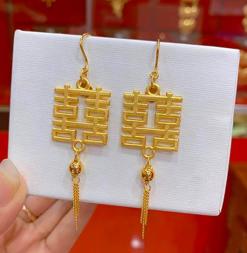 喜字耳环女双喜流苏黄金耳坠婚庆结婚三金礼物送礼黄金喜字耳环约82克