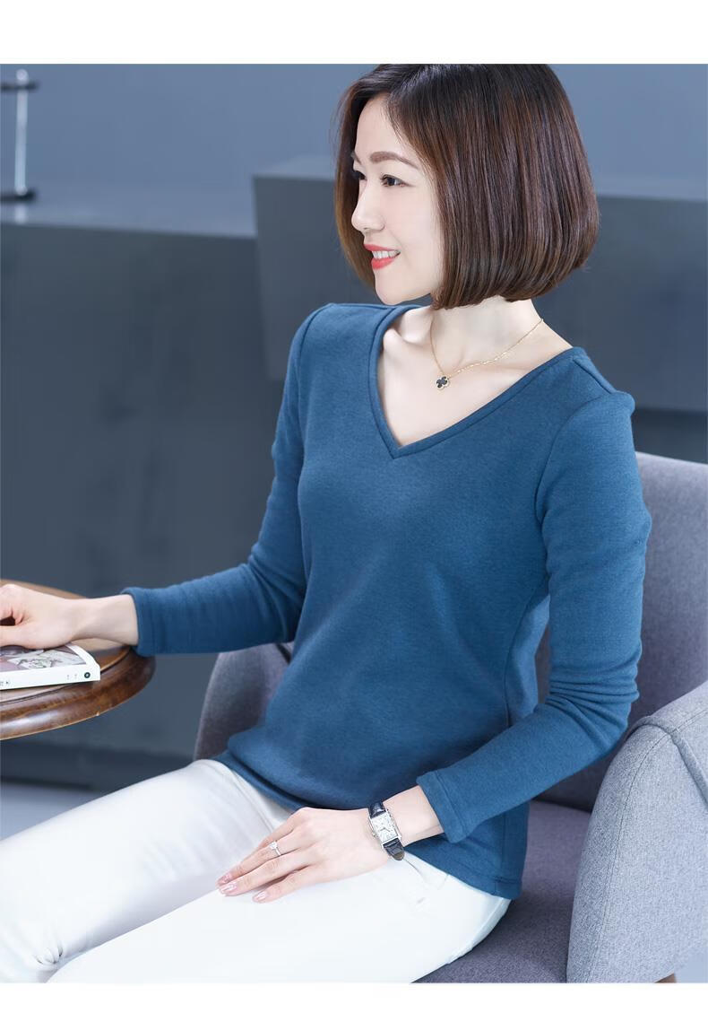 秋冬纯色内搭鸡心领纯棉长袖t恤女修身v领加厚加绒女式女士百搭小衫