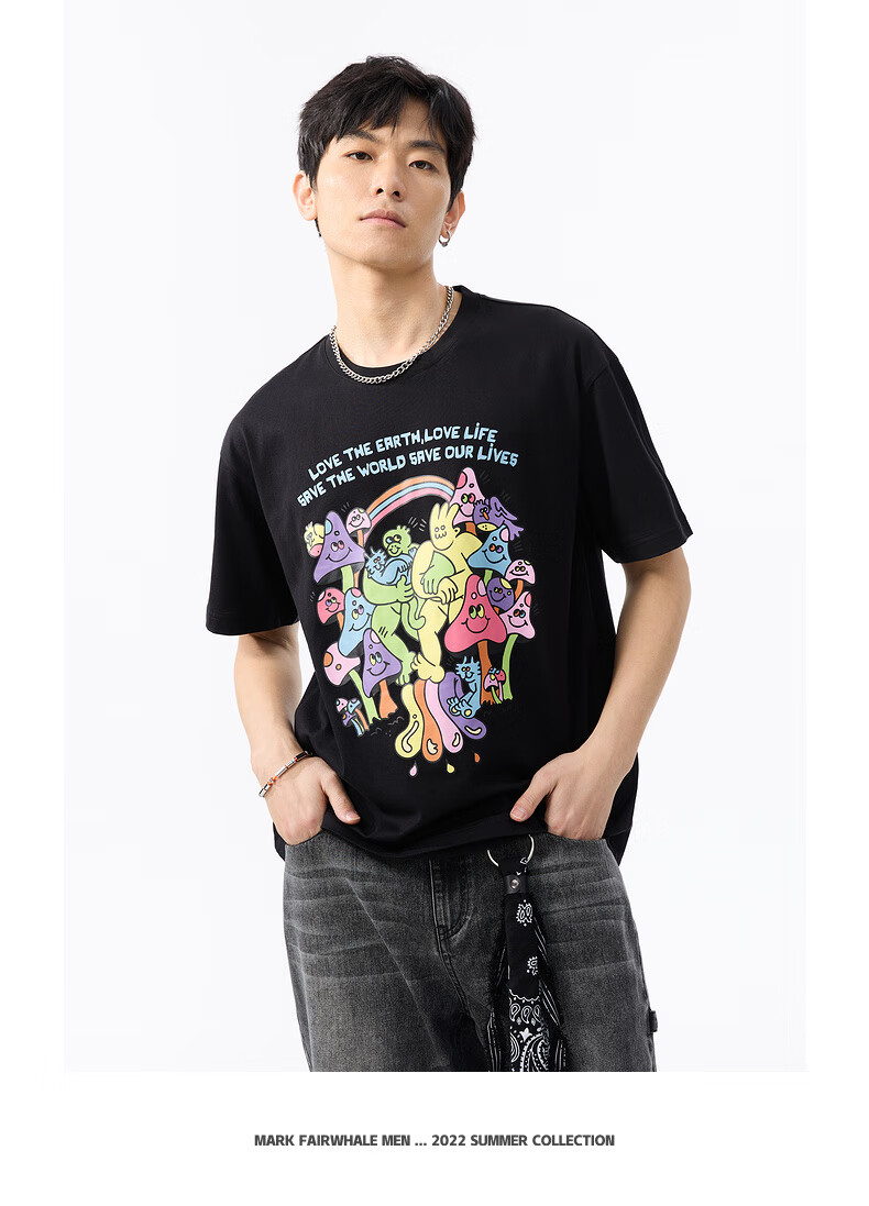 马克华菲萌趣蘑菇卡通印花短袖t恤男2022夏新款休闲时尚潮流上衣纯黑m
