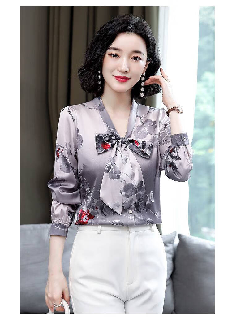 恒源祥真丝衬衫女长袖春装印花蝴蝶结衬衣妈妈系带桑蚕丝春秋季女士