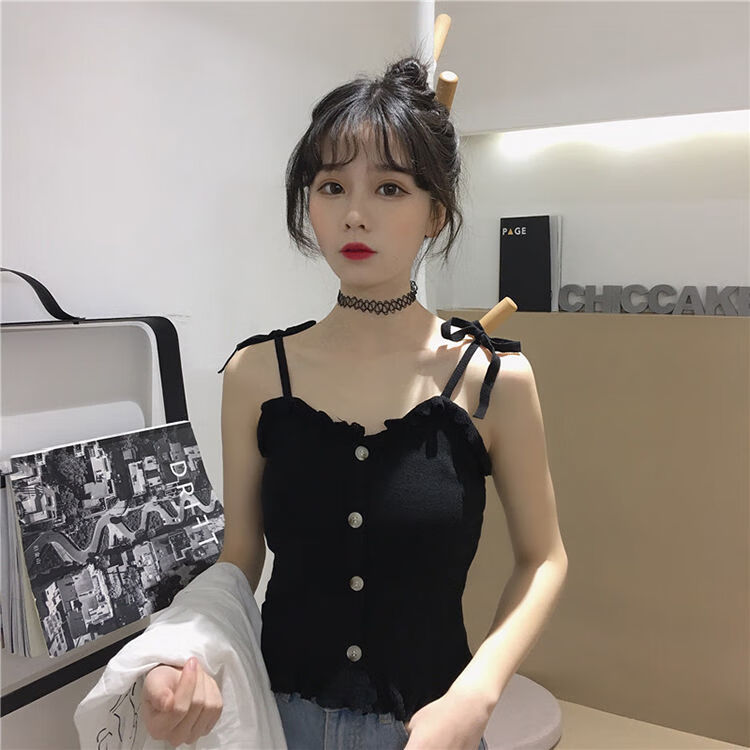 针织小背心女外穿ins潮甜辣内搭打底法式别致胖妹妹吊带上衣黑色m80