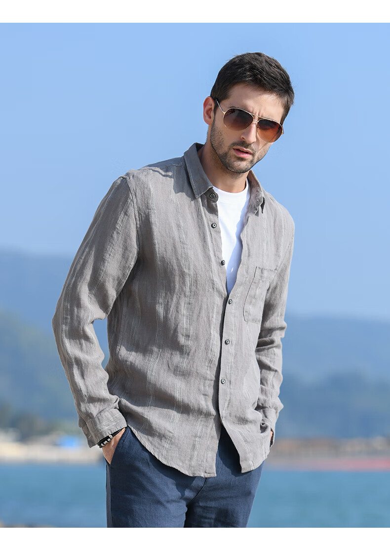 色织提花条纹亚麻衬衫男士潮流复古休闲长袖上衣男宽松麻衬衣 蓝色 m