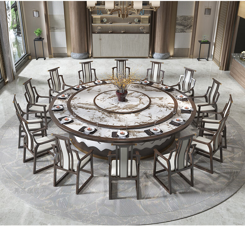 隐形电磁炉餐桌椅组合会所别墅自动旋转餐桌圆桌电动18米大理石68人