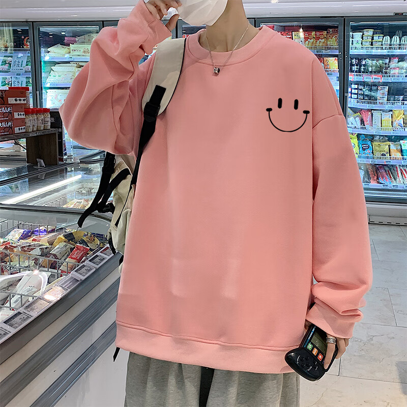 侯七爷粉色笑脸oversize大码新款圆领卫衣常规男ins超火设计感情侣装