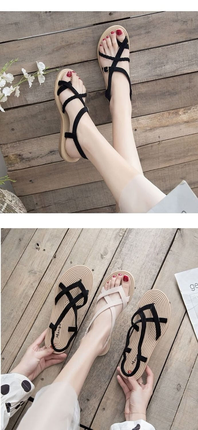 罗马凉鞋女仙女风2020新款ins潮时尚学生百搭夏季平底夹脚凉鞋 黑色